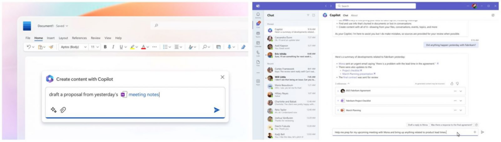 ▲코파일럿은 워드, 엑셀, 파워포인트, 아웃룩 등 모든 마이크로소프트 365 앱에 내장되며, 사용자의 데이터와 결합해 팀즈, 빙 등에서 비즈니스챗으로도 기능한다. 사진은 워드(왼쪽)와 비즈니스챗 예시